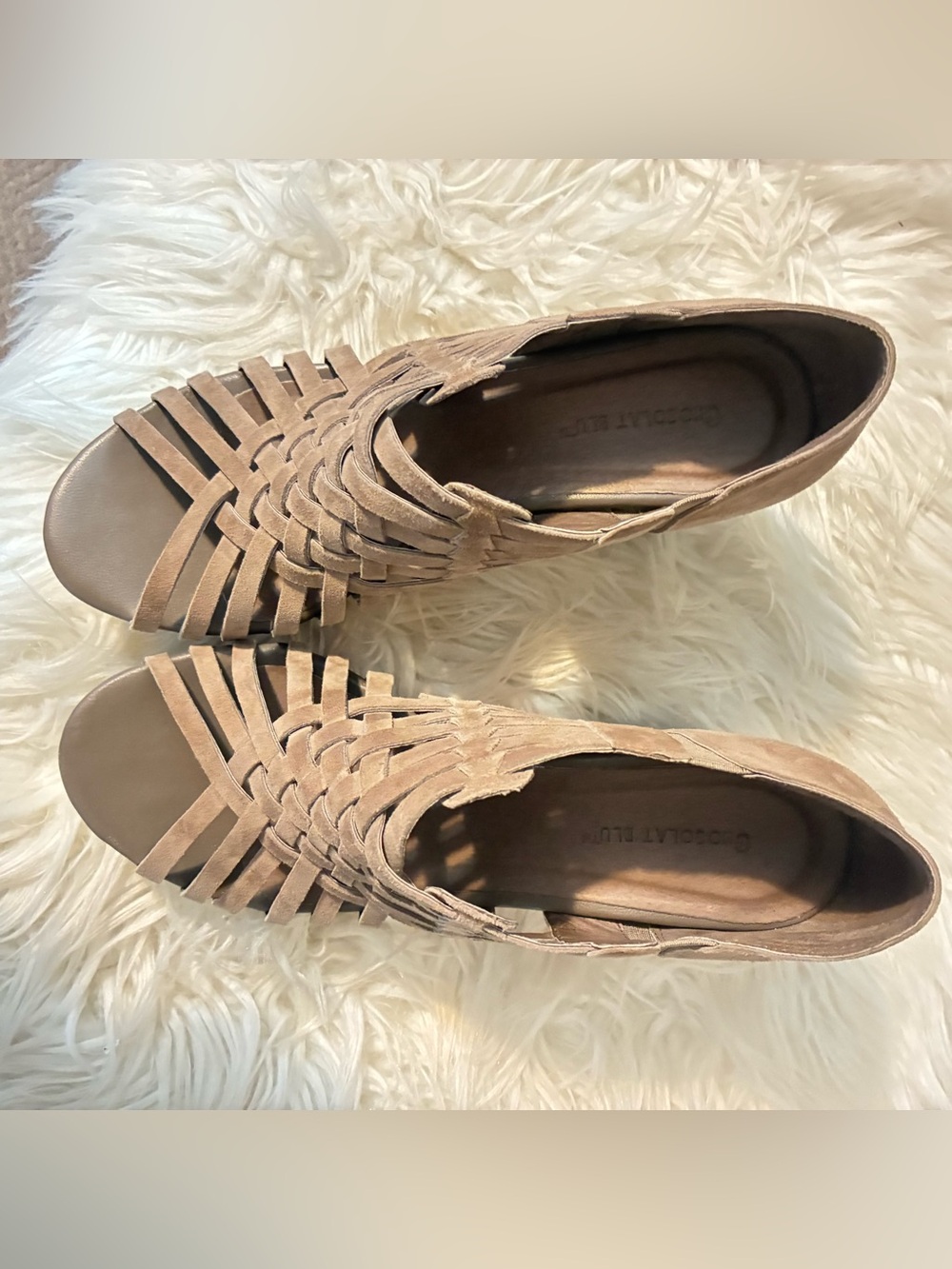 Chocolat Blu Taupe Woven Suede Cork Wedge Sandals - Picture 5 of 9